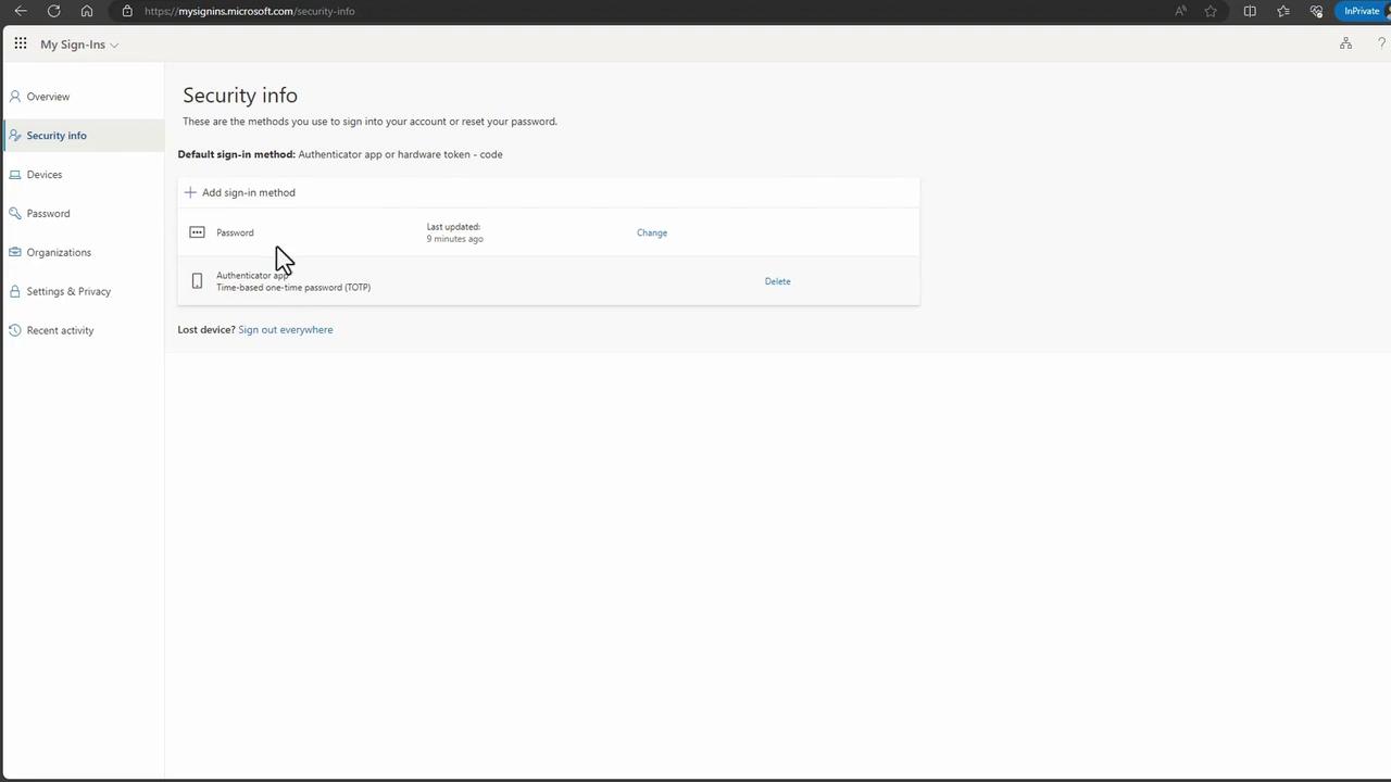 The image shows a "Security info" page from a Microsoft account settings interface, displaying sign-in methods such as password and authenticator app. The interface includes options to change or delete these methods.