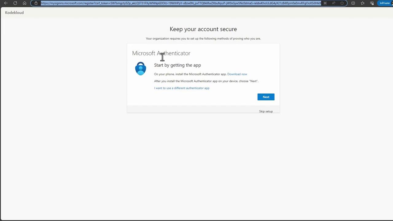 The image shows a Microsoft Authenticator setup page prompting the user to download the app to keep their account secure. There is a "Next" button and an option to skip the setup.
