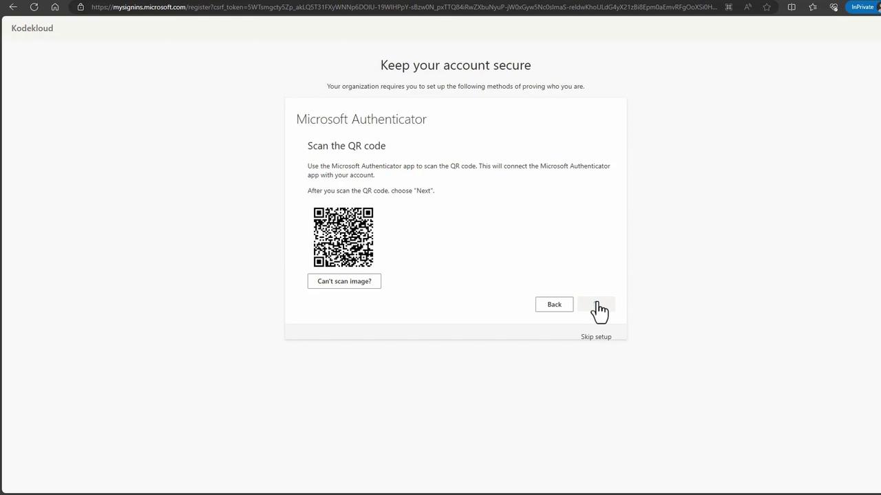 The image shows a Microsoft Authenticator setup page with a QR code for scanning, and options to go back or skip the setup.
