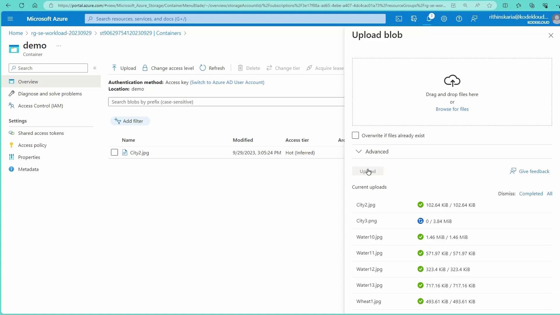 The image shows a Microsoft Azure portal interface for uploading blobs to a container named "demo," with several image files listed under current uploads.