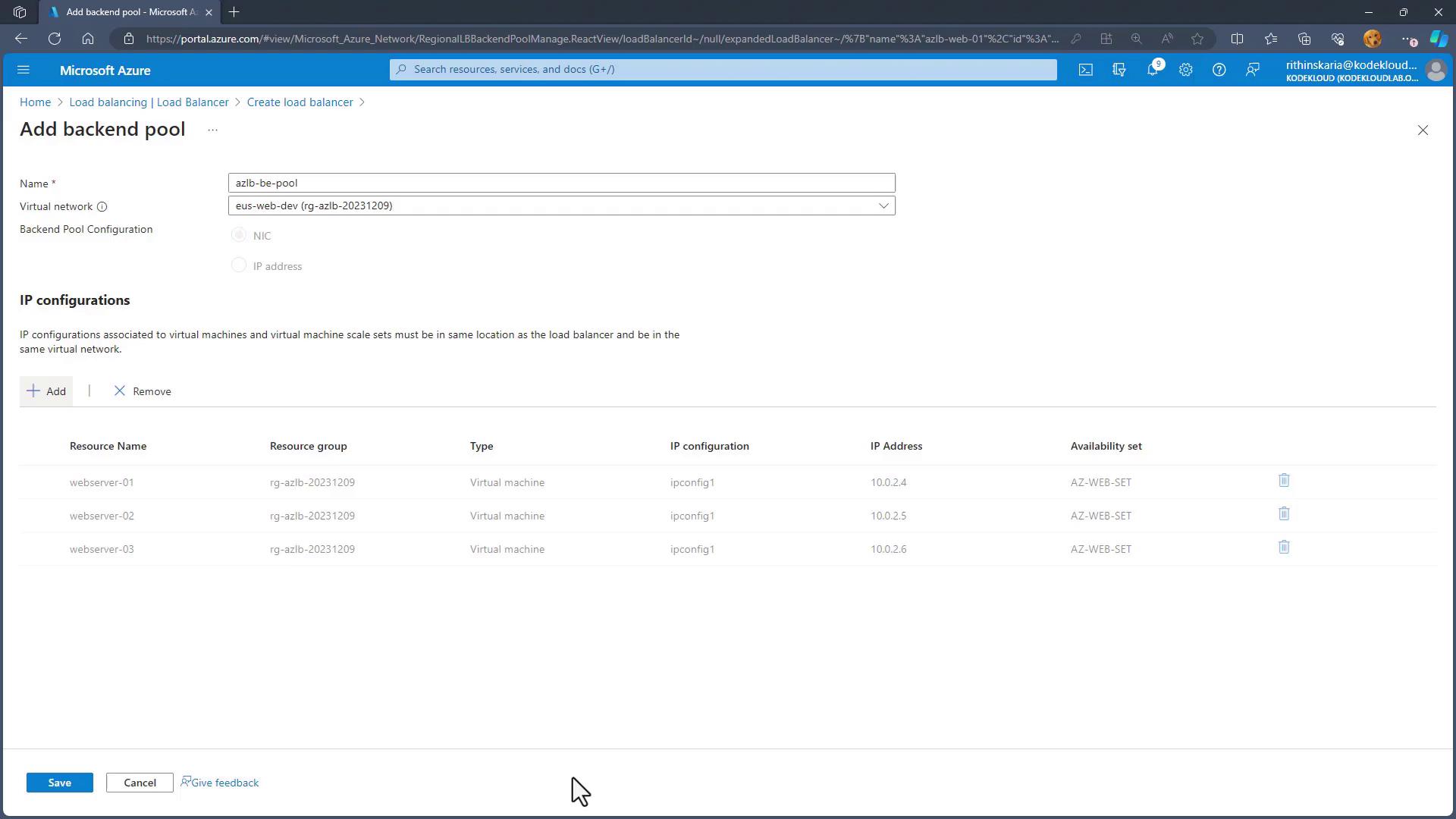 The image shows a Microsoft Azure portal interface for adding a backend pool to a load balancer, listing virtual machines with their IP configurations and addresses.