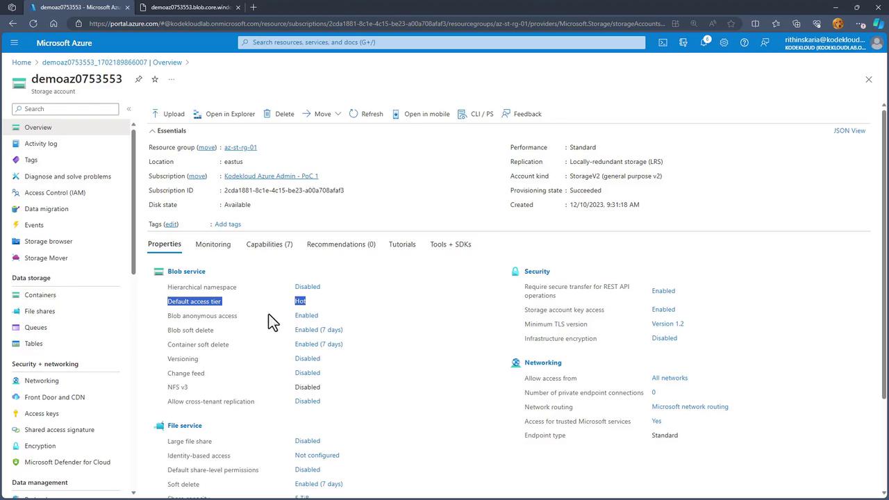 The image shows a Microsoft Azure portal interface displaying details of a storage account, including properties, security settings, and networking configurations.
